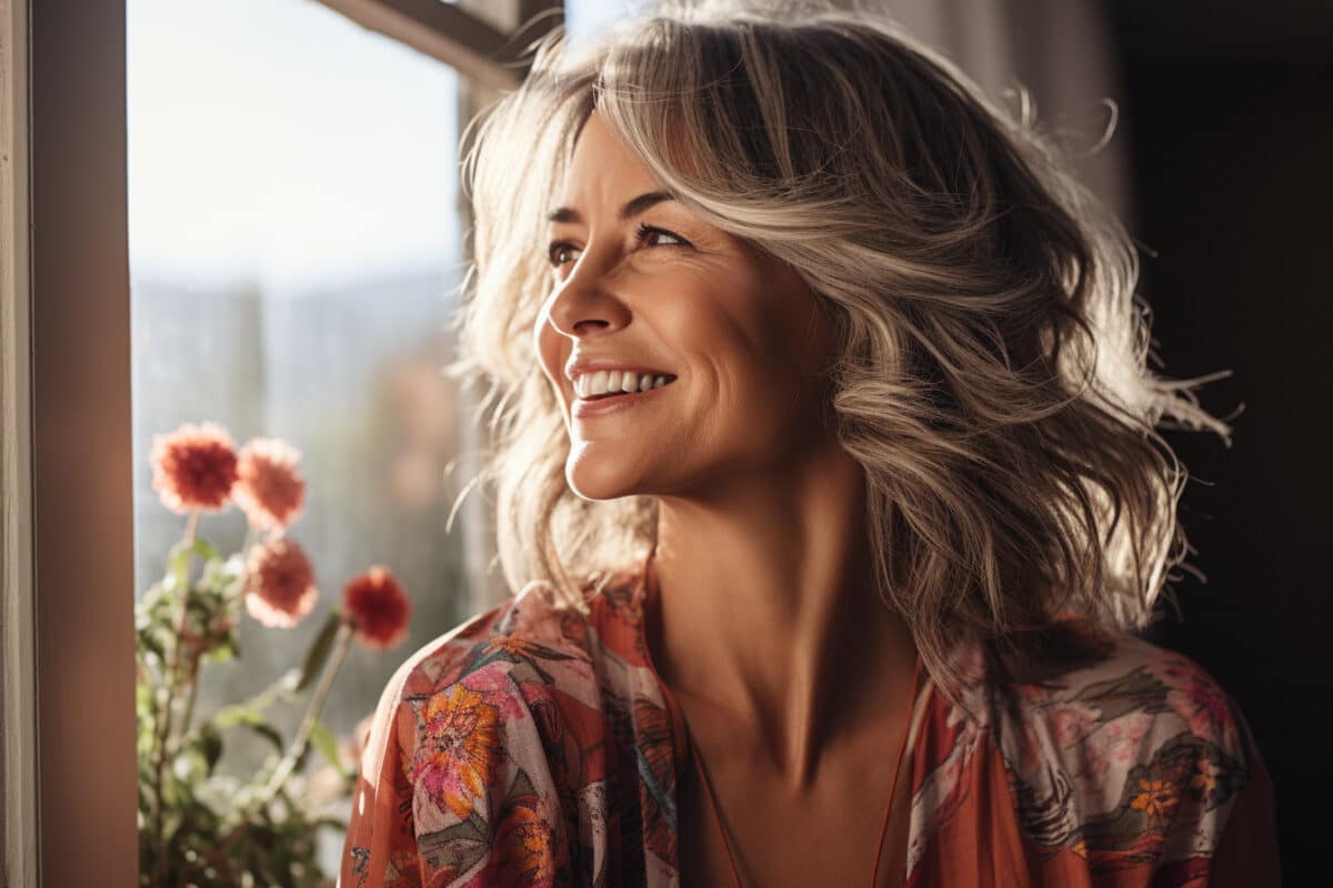 Coupe de cheveux mi long dégradé effilé avec frange 60 ans