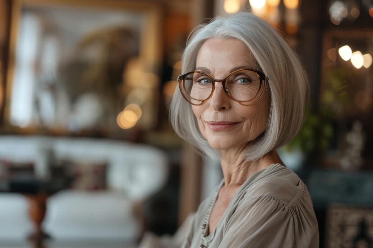 Coiffures chic pour femmes de 75 ans avec lunettes