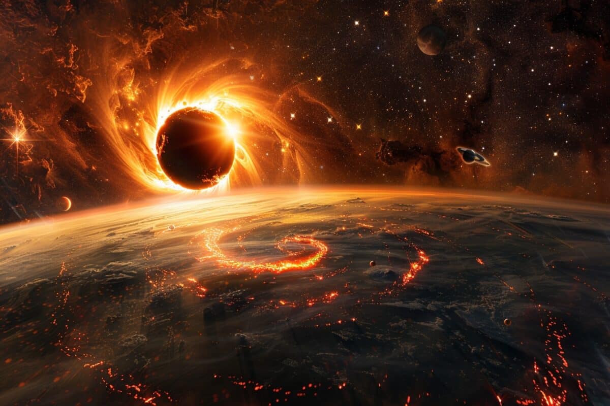 Une vision apocalyptique de l'espace : l'éclipse solaire se transforme en trou noir engloutissant la Terre
